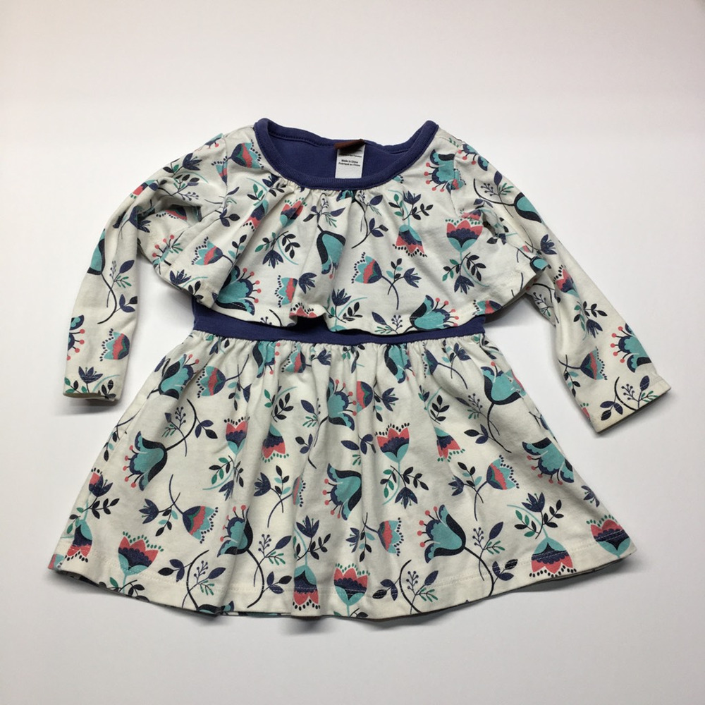 Tea Collection Baby Girls A Line Dress White Navy Floral Pullover Cotton 6-12M